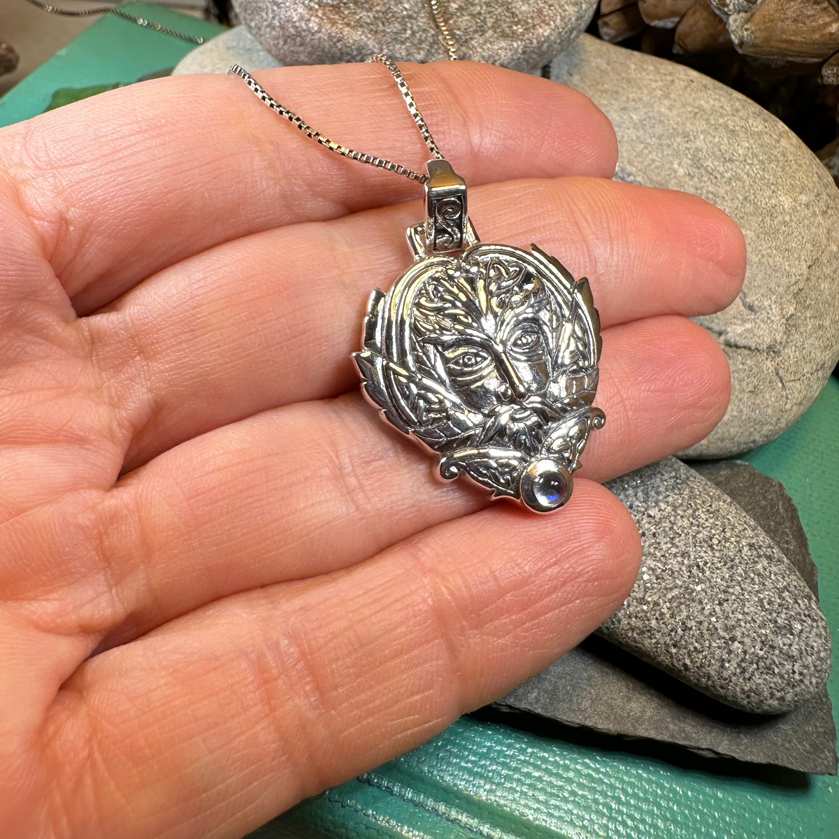 Celtic Oak Green Man Moonstone Necklace in Sterling Silver | Pendant | Wiccan Center