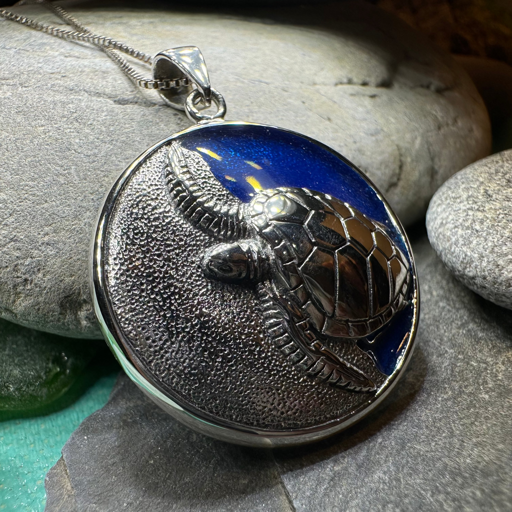 Blue Loggerhead Turtle Necklace in Sterling Silver | Pendant | Wiccan Center