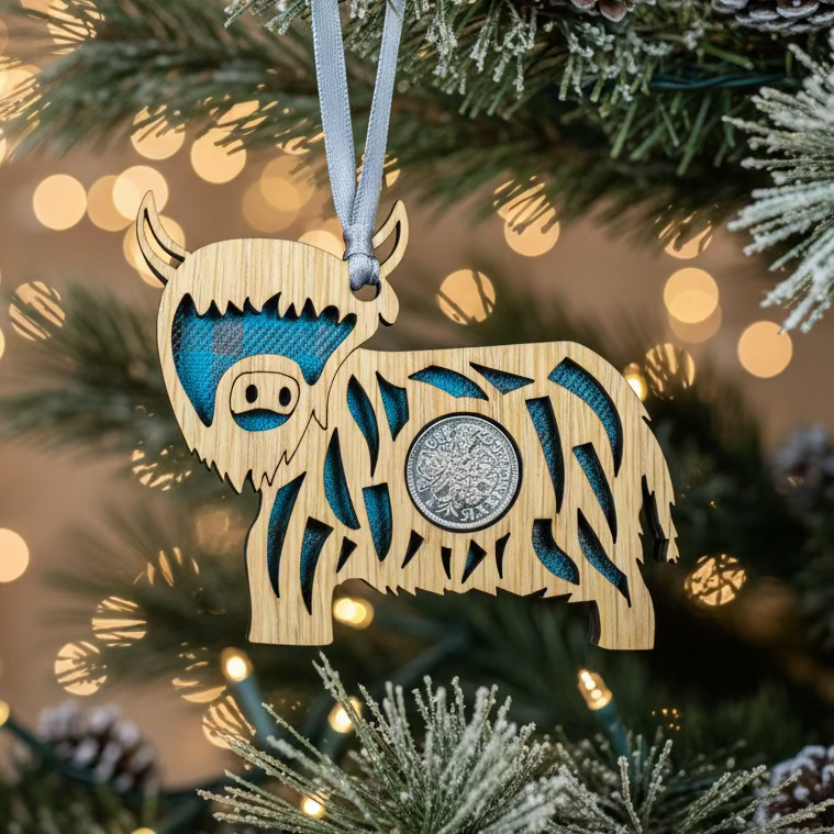 Tartan Highland Cow Lucky Sixpence Ornament | Gifts | Wiccan Center