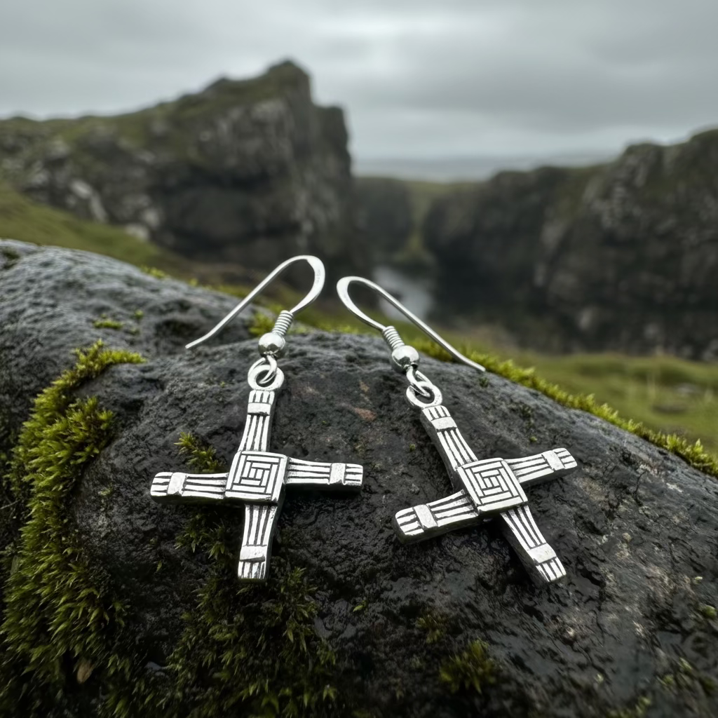 Ballyfarnan Irish Saint Bridget's Cross Earrings in Sterling Silver | Dangle Earrings | Wiccan Center