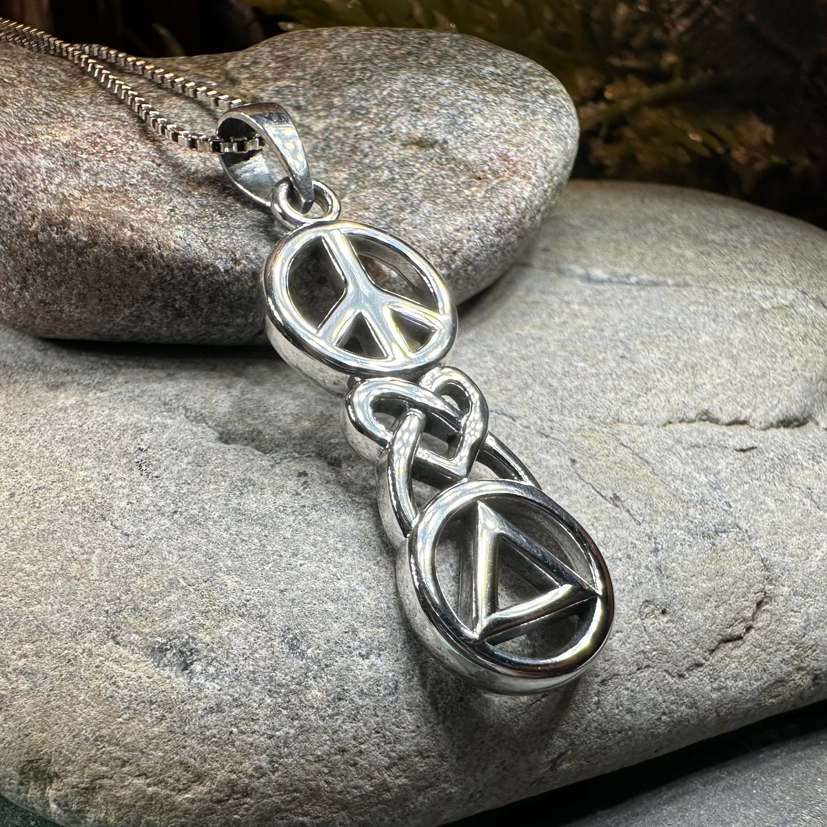 Peace, Love, & Sobriety Celtic AA Necklace in Sterling Silver | Pendant | Wiccan Center