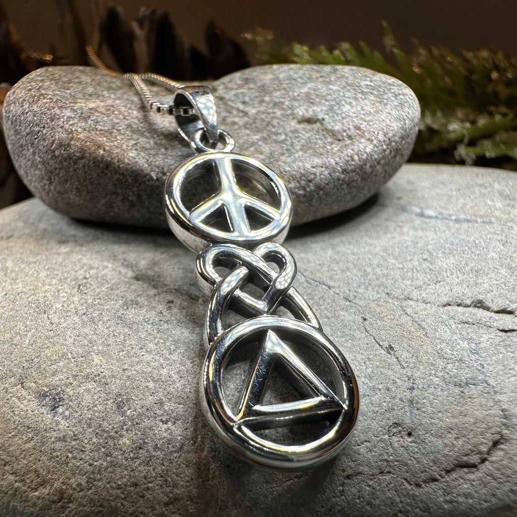 Peace, Love, & Sobriety Celtic AA Necklace in Sterling Silver | Pendant | Wiccan Center
