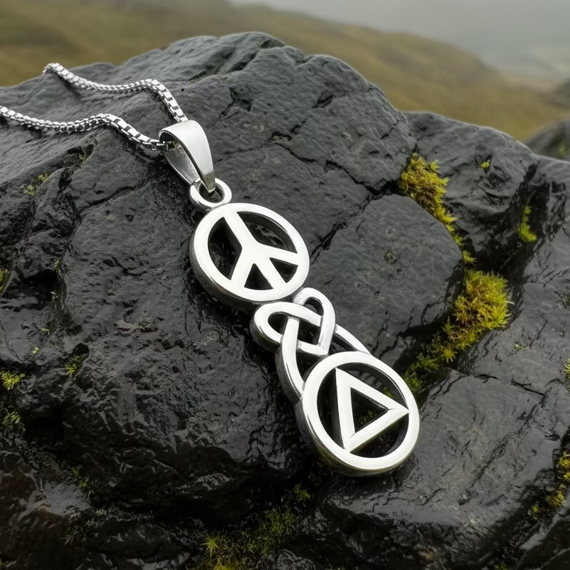 Peace, Love, & Sobriety Celtic AA Necklace in Sterling Silver | Pendant | Wiccan Center