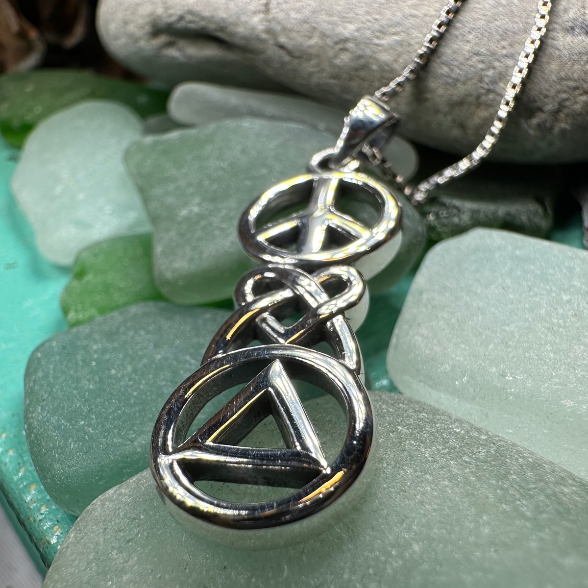 Peace, Love, & Sobriety Celtic AA Necklace in Sterling Silver | Pendant | Wiccan Center