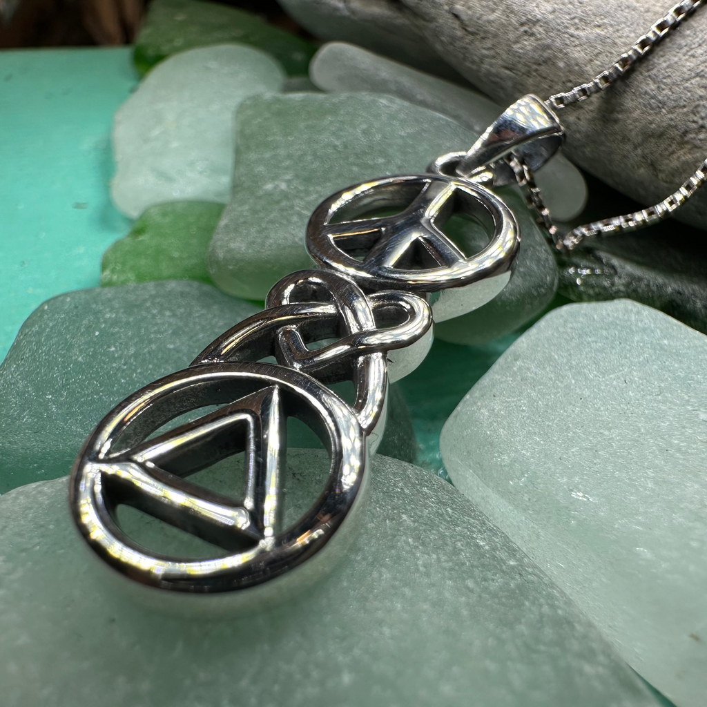 Peace, Love, & Sobriety Celtic AA Necklace in Sterling Silver | Pendant | Wiccan Center