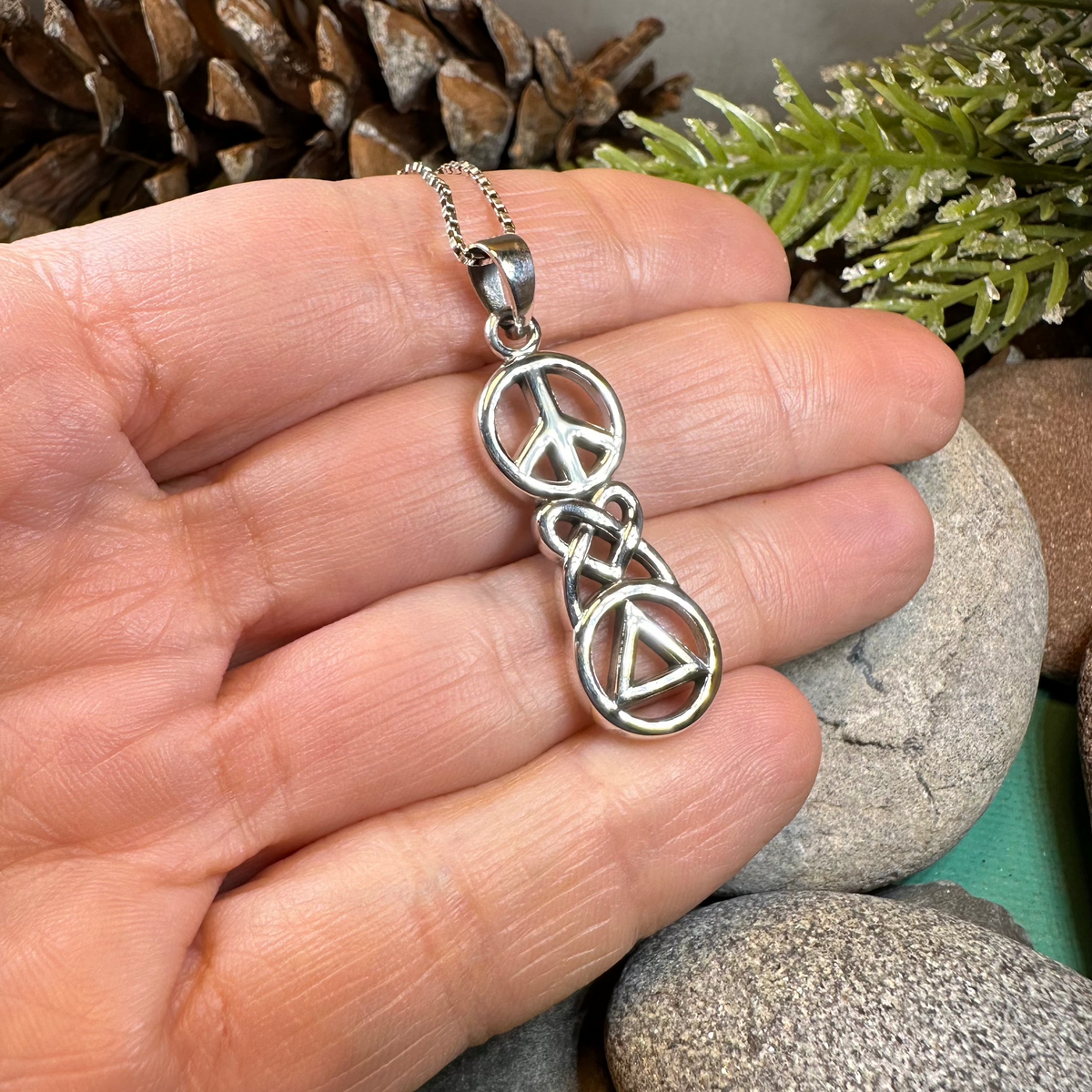 Peace, Love, & Sobriety Celtic AA Necklace in Sterling Silver | Pendant | Wiccan Center