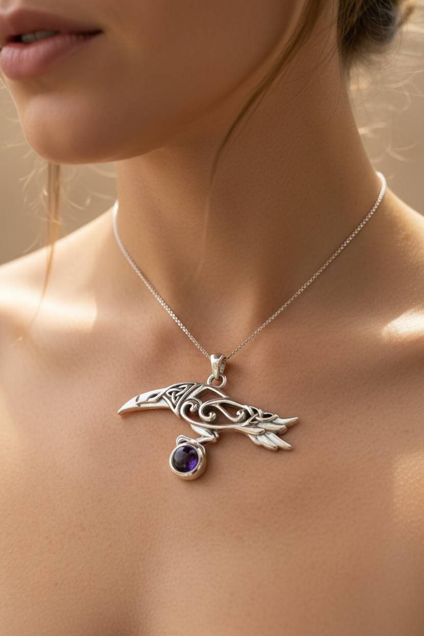 Watcher Celtic Raven Necklace in Sterling Silver | Pendant | Wiccan Center
