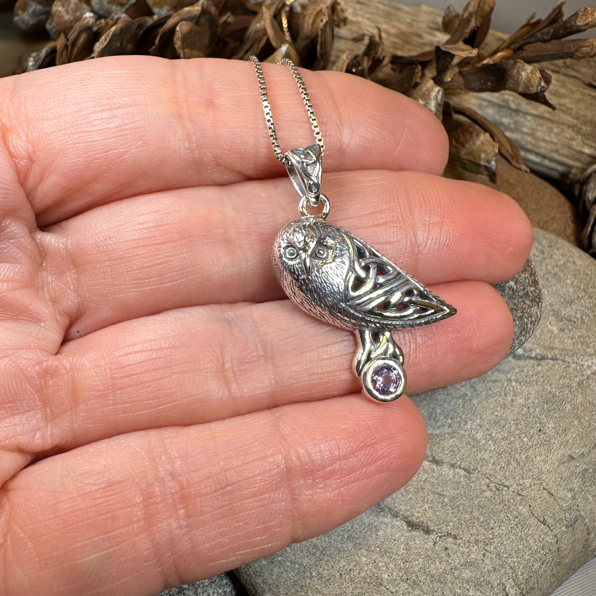 Minerva Celtic Owl Necklace in Sterling Silver