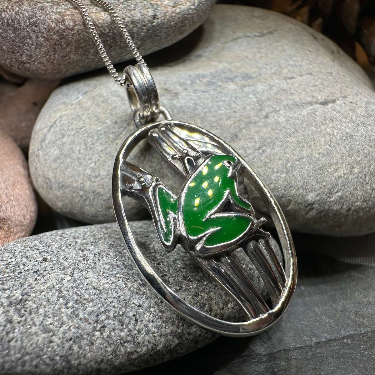 Enamel Green Frog Necklace in Sterling Silver | Pendant | Wiccan Center