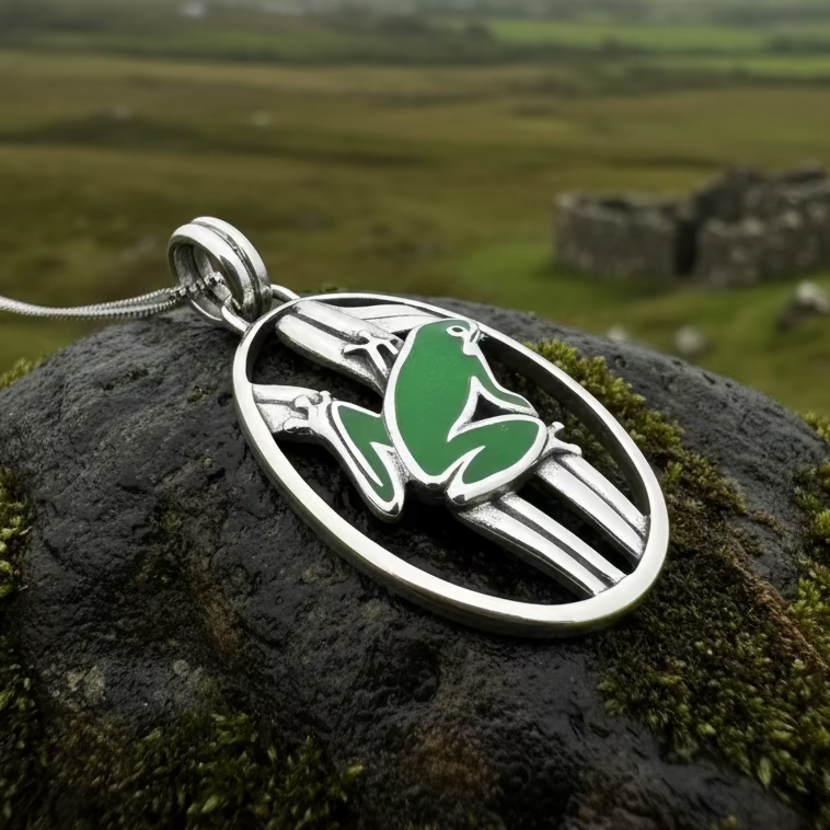 Enamel Green Frog Necklace in Sterling Silver | Pendant | Wiccan Center