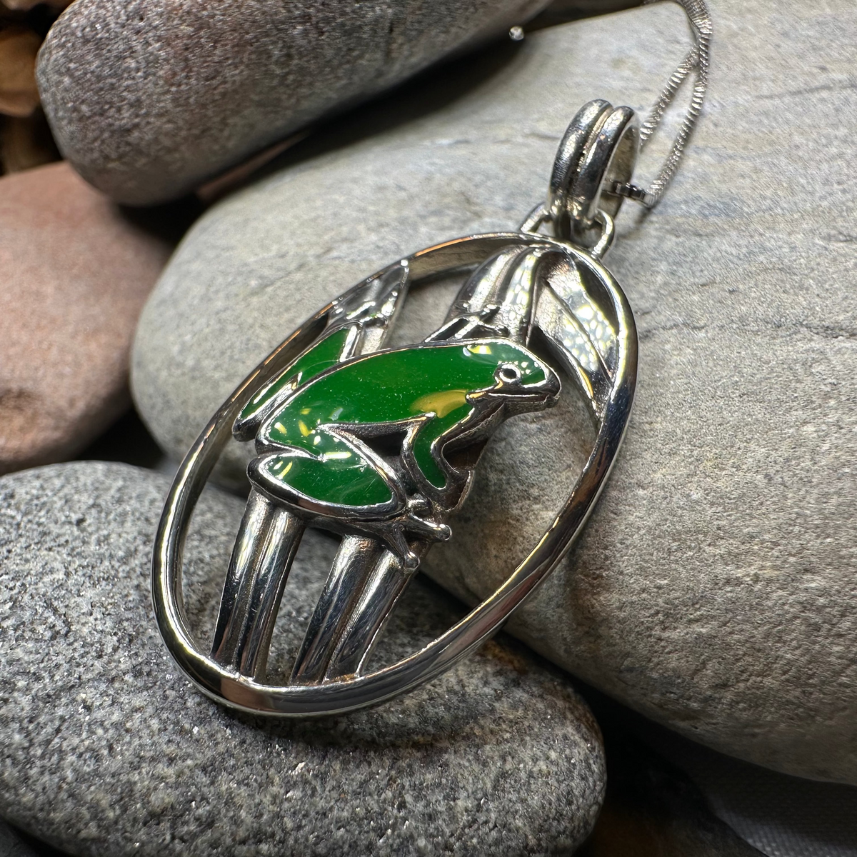 Enamel Green Frog Necklace in Sterling Silver | Pendant | Wiccan Center