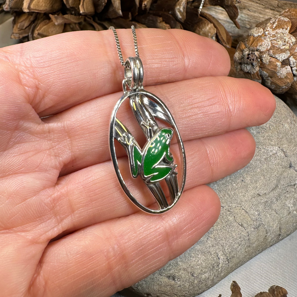 Enamel Green Frog Necklace in Sterling Silver | Pendant | Wiccan Center