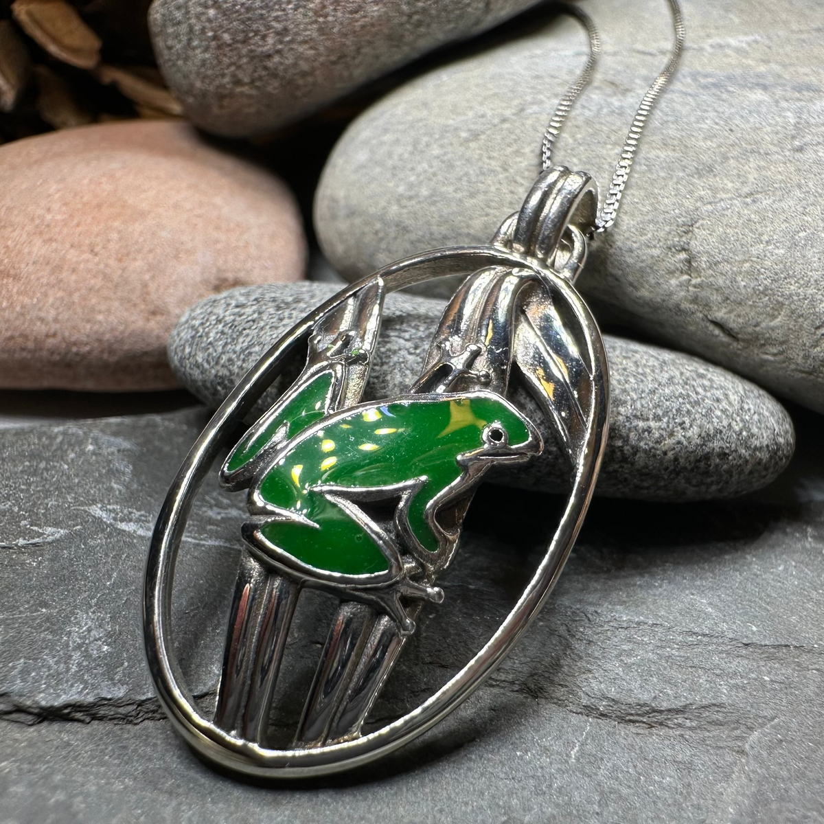 Enamel Green Frog Necklace in Sterling Silver | Pendant | Wiccan Center