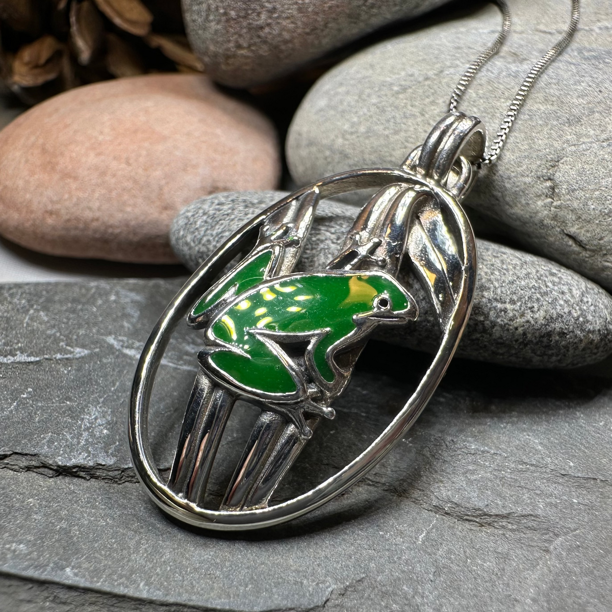 Enamel Green Frog Necklace in Sterling Silver | Pendant | Wiccan Center