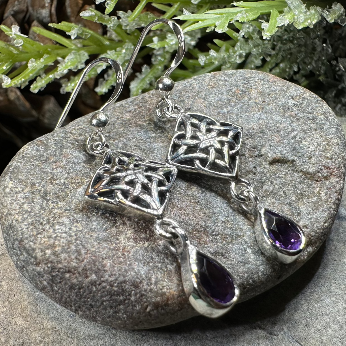 Marinda Celtic Knot Amethyst Earrings in Sterling Silver