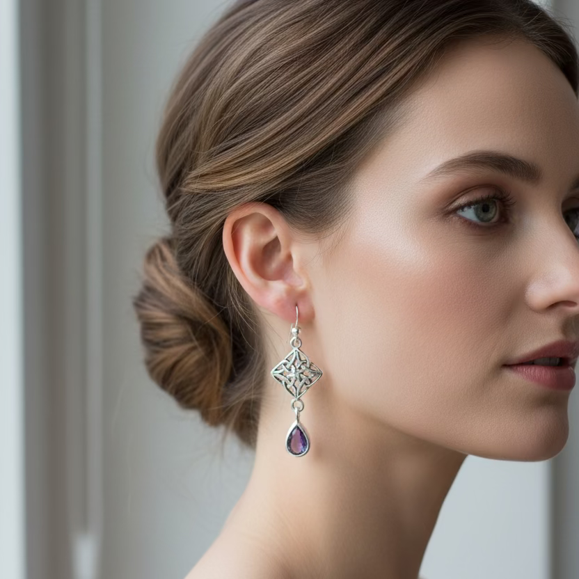 Marinda Celtic Knot Amethyst Earrings in Sterling Silver