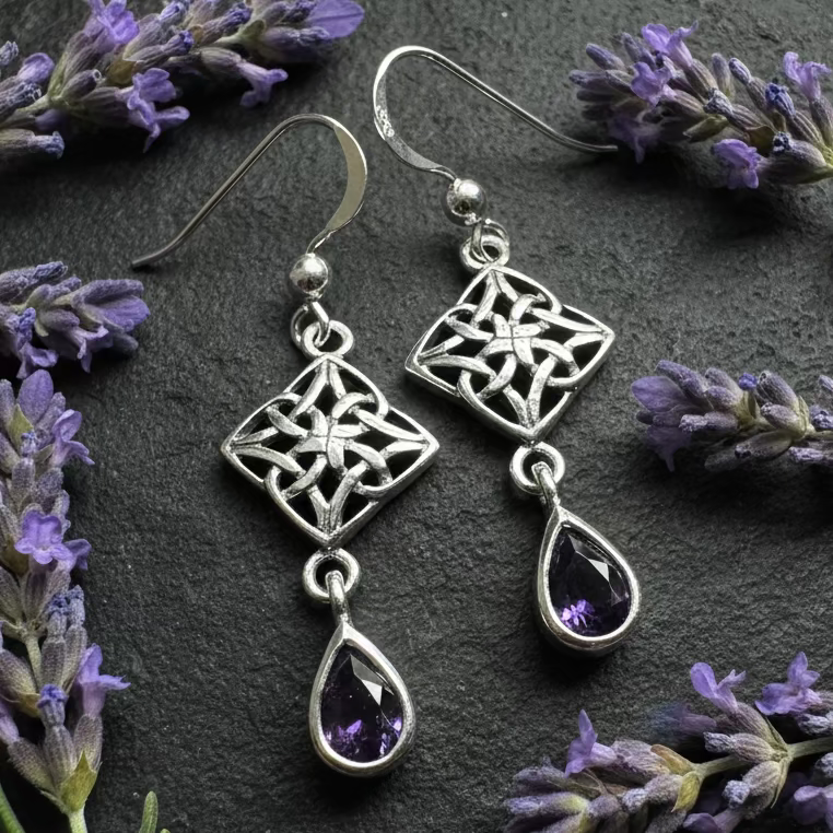 Marinda Celtic Knot Amethyst Earrings in Sterling Silver