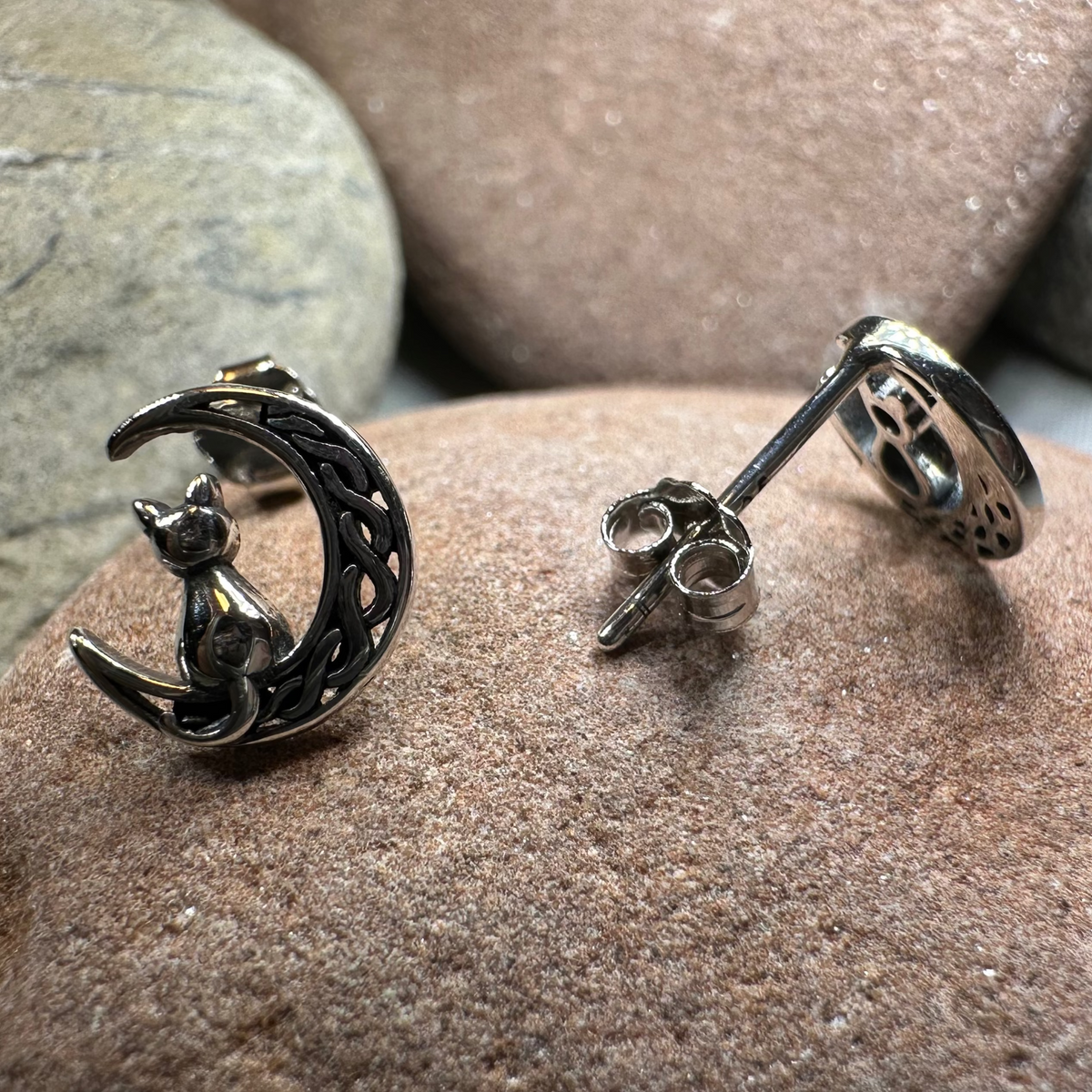 Celtic Cat & Crescent Moon Stud Earrings in Sterling Silver | Post Earrings | Wiccan Center