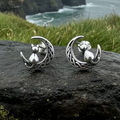 Celtic Cat & Crescent Moon Stud Earrings in Sterling Silver | Post Earrings | Wiccan Center