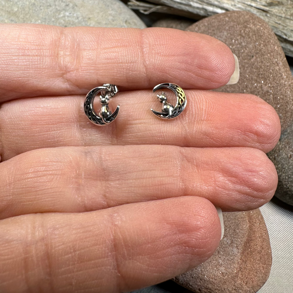Celtic Cat & Crescent Moon Stud Earrings in Sterling Silver | Post Earrings | Wiccan Center