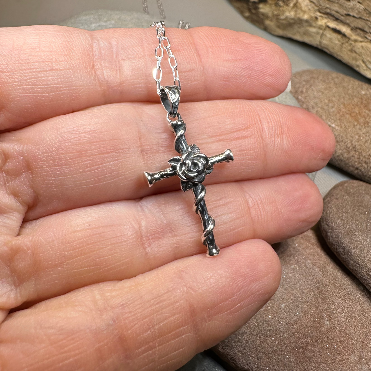 Spiritual Celtic Cross Rose Necklace in Sterling Silver