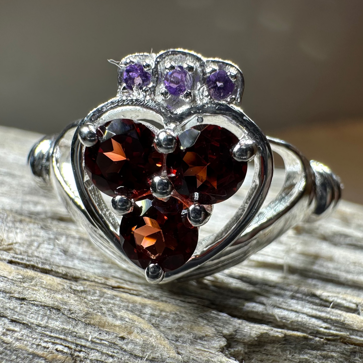 Irish True Love Garnet Claddagh Ring in Sterling Silver