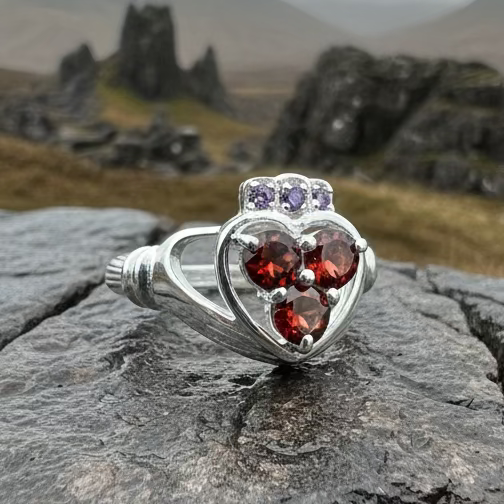 Irish True Love Garnet Claddagh Ring in Sterling Silver