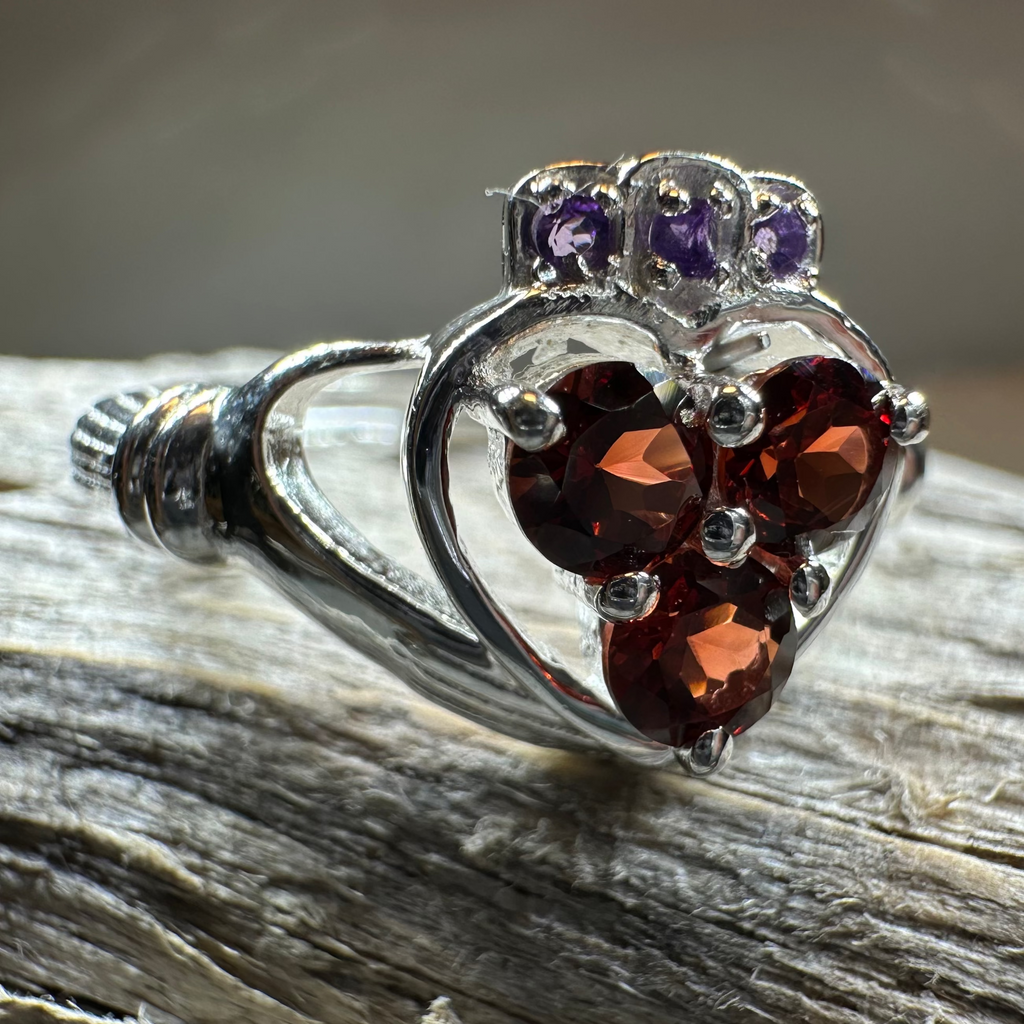 Irish True Love Garnet Claddagh Ring in Sterling Silver