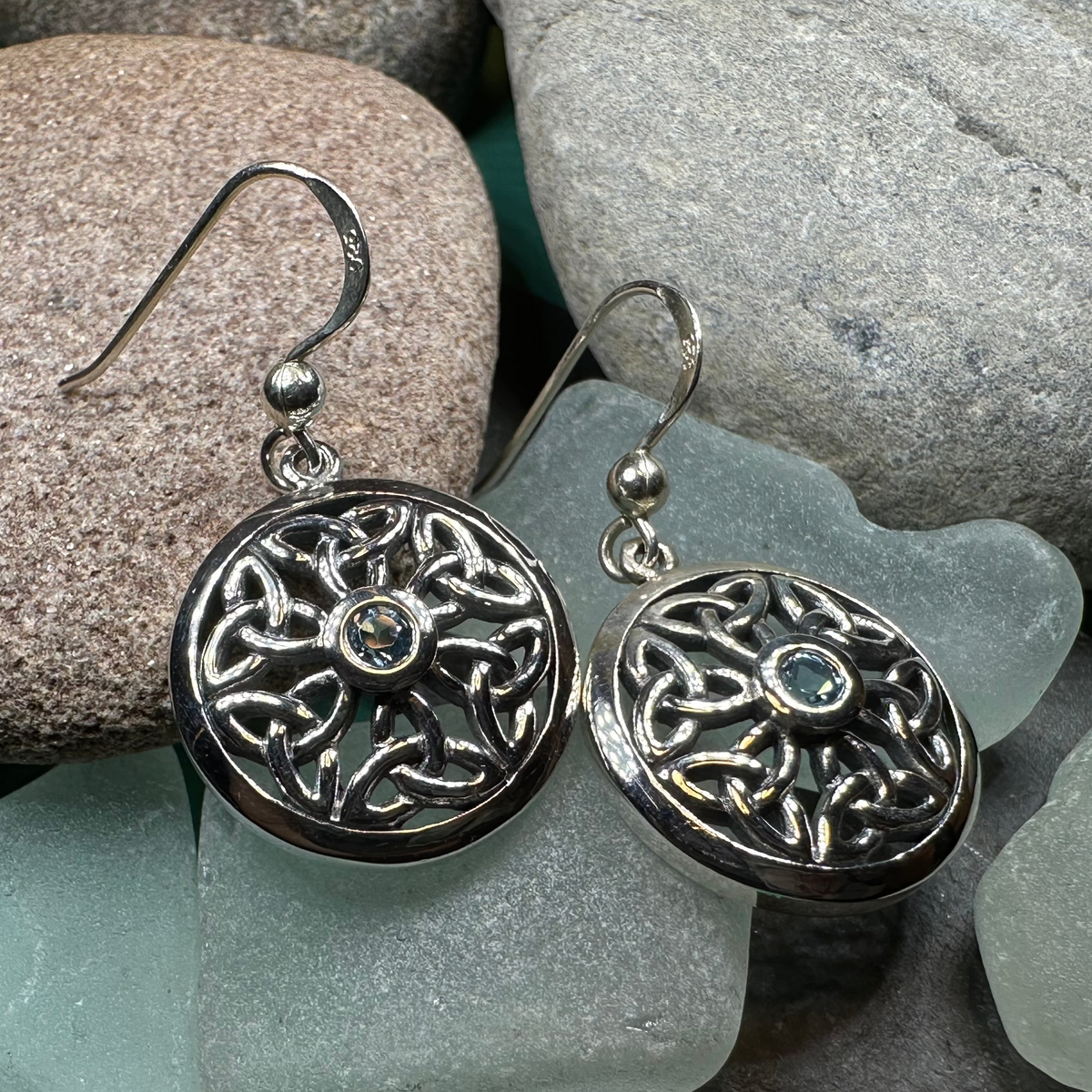 Blue Topaz Trinity Knot Earrings in Sterling Silver | Dangle Earrings | Wiccan Center