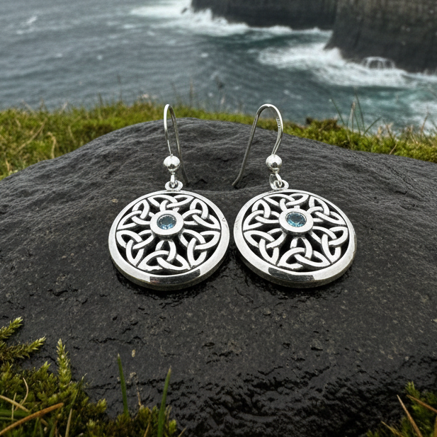 Blue Topaz Trinity Knot Earrings in Sterling Silver | Dangle Earrings | Wiccan Center