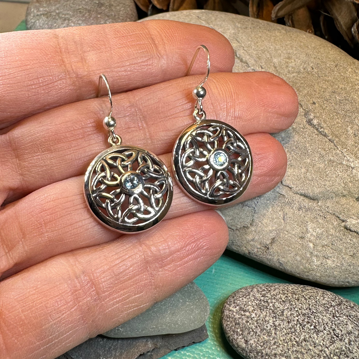 Blue Topaz Trinity Knot Earrings in Sterling Silver | Dangle Earrings | Wiccan Center