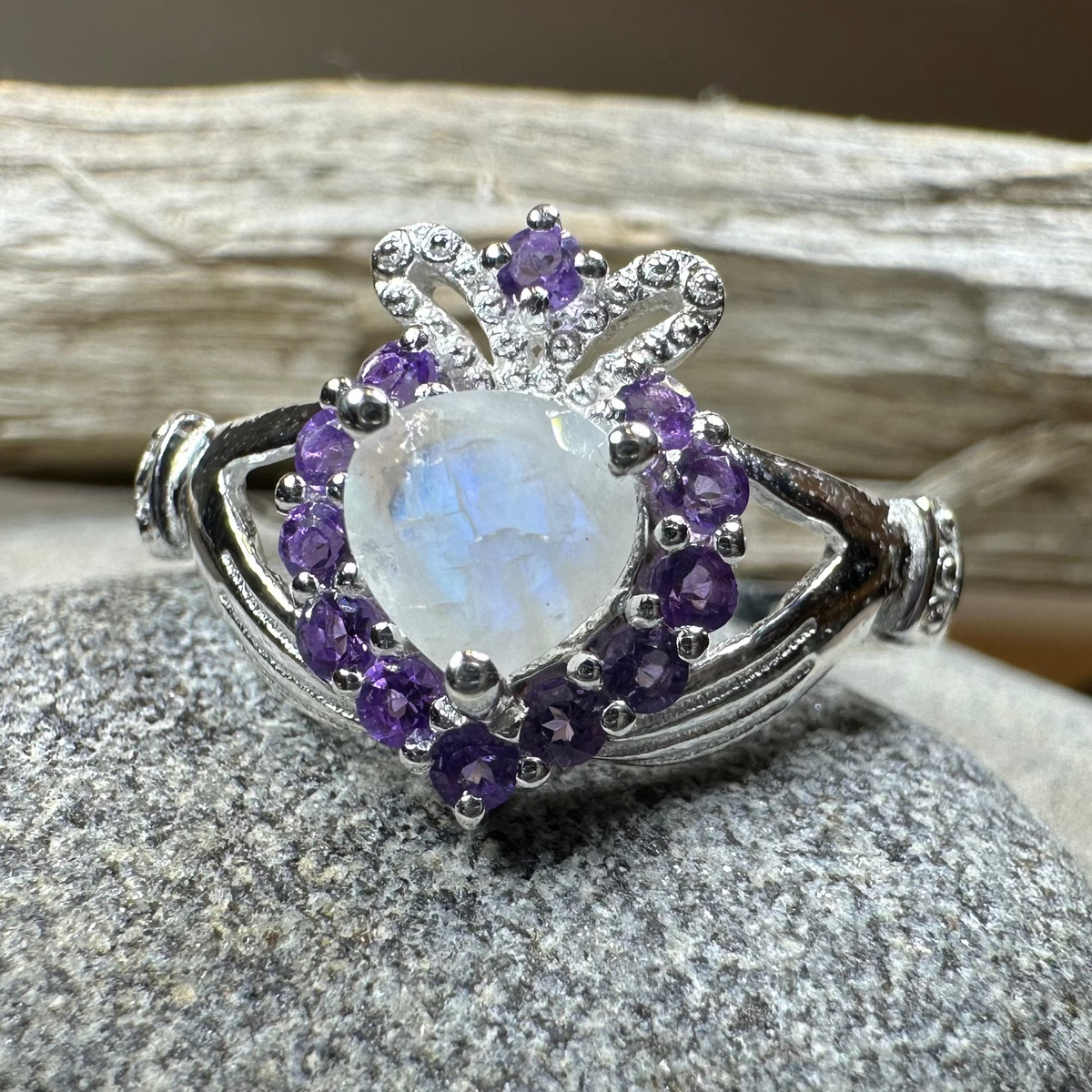 Adore Moonstone Irish Claddagh Ring in Sterling Silver