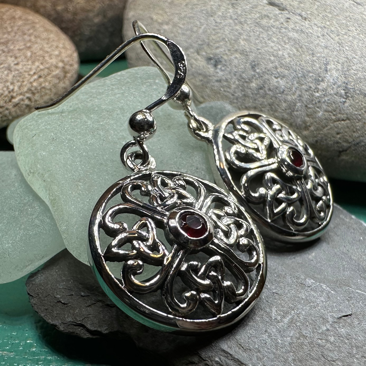 Ariadne Trinity Knot Garnet Earrings in Sterling Silver | Dangle Earrings | Wiccan Center