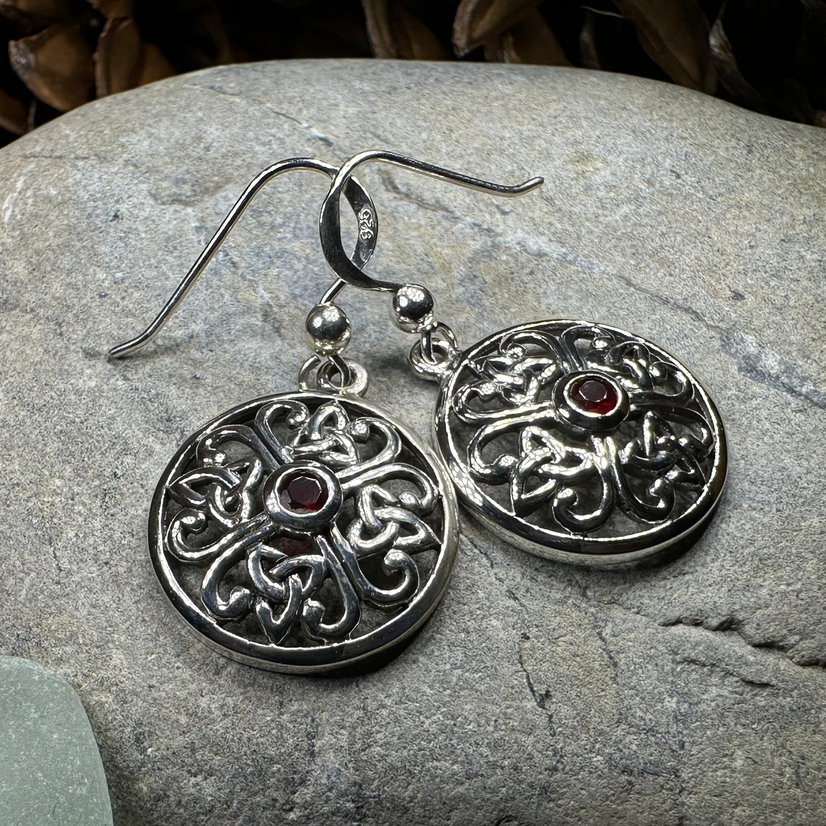 Ariadne Trinity Knot Garnet Earrings in Sterling Silver | Dangle Earrings | Wiccan Center