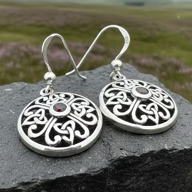 Ariadne Trinity Knot Garnet Earrings in Sterling Silver | Dangle Earrings | Wiccan Center