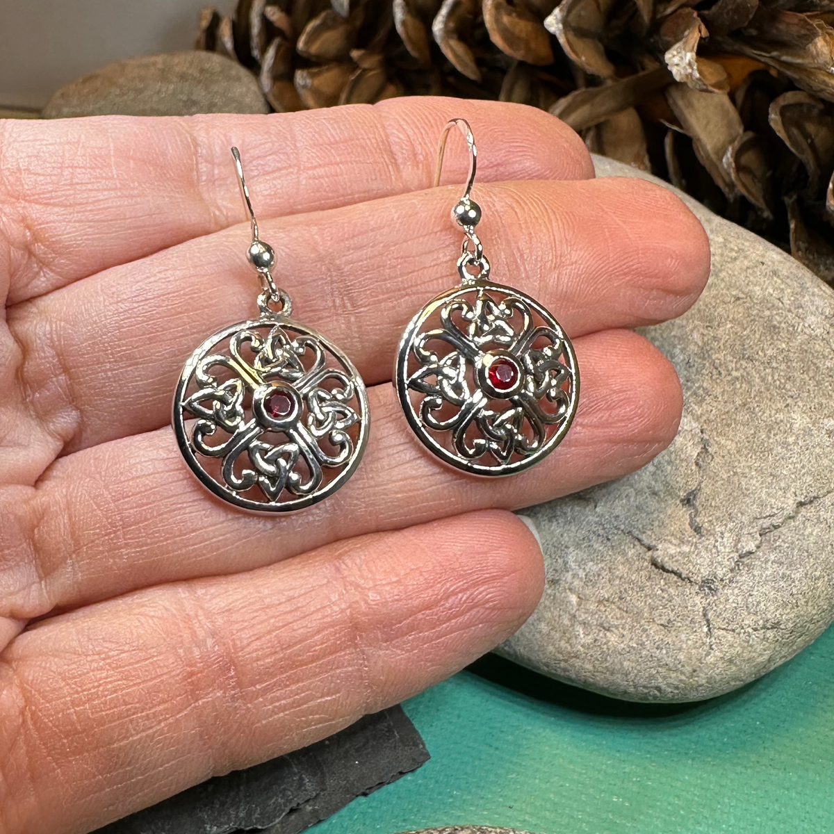Ariadne Trinity Knot Garnet Earrings in Sterling Silver | Dangle Earrings | Wiccan Center