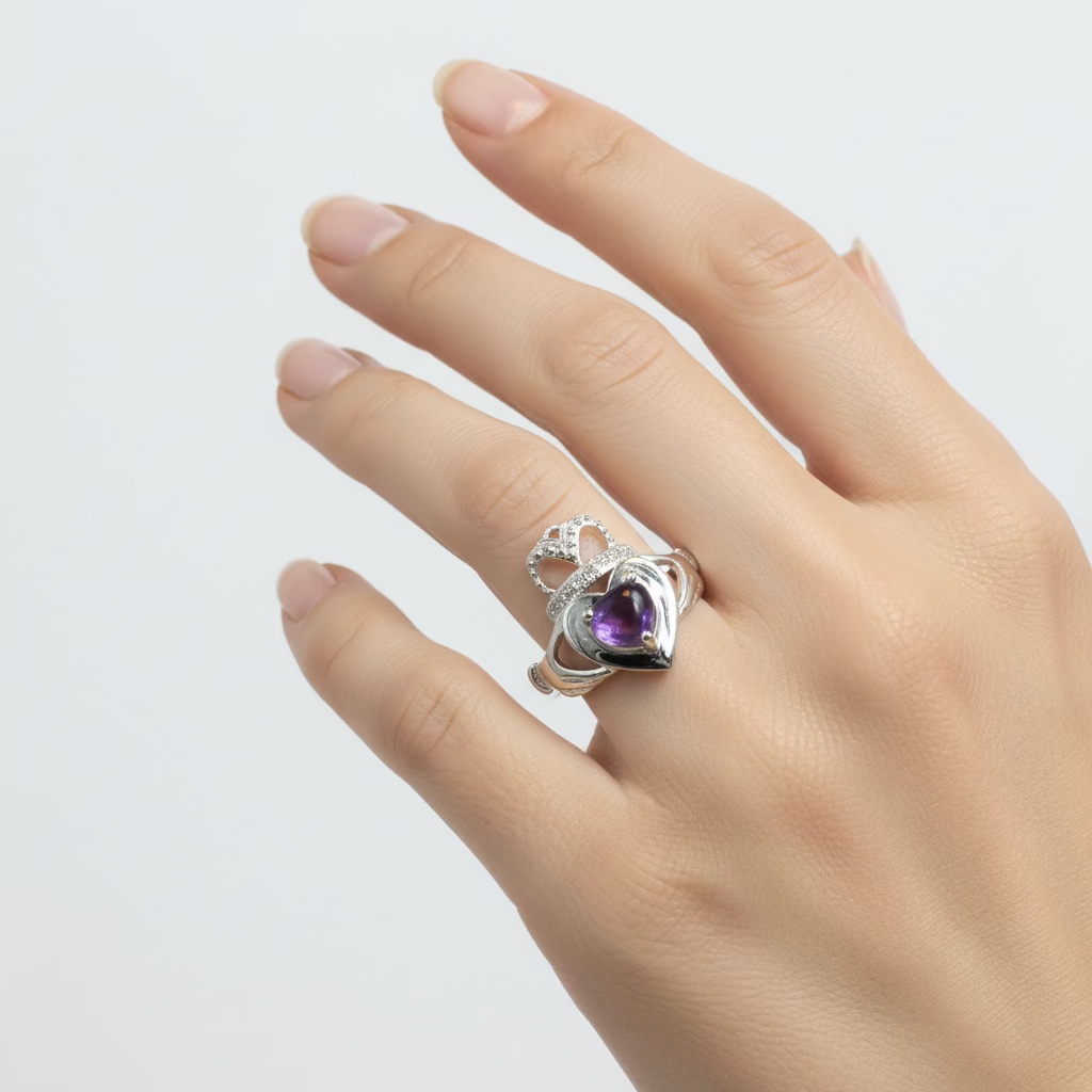 Noble Heart Amethyst Irish Claddagh Ring