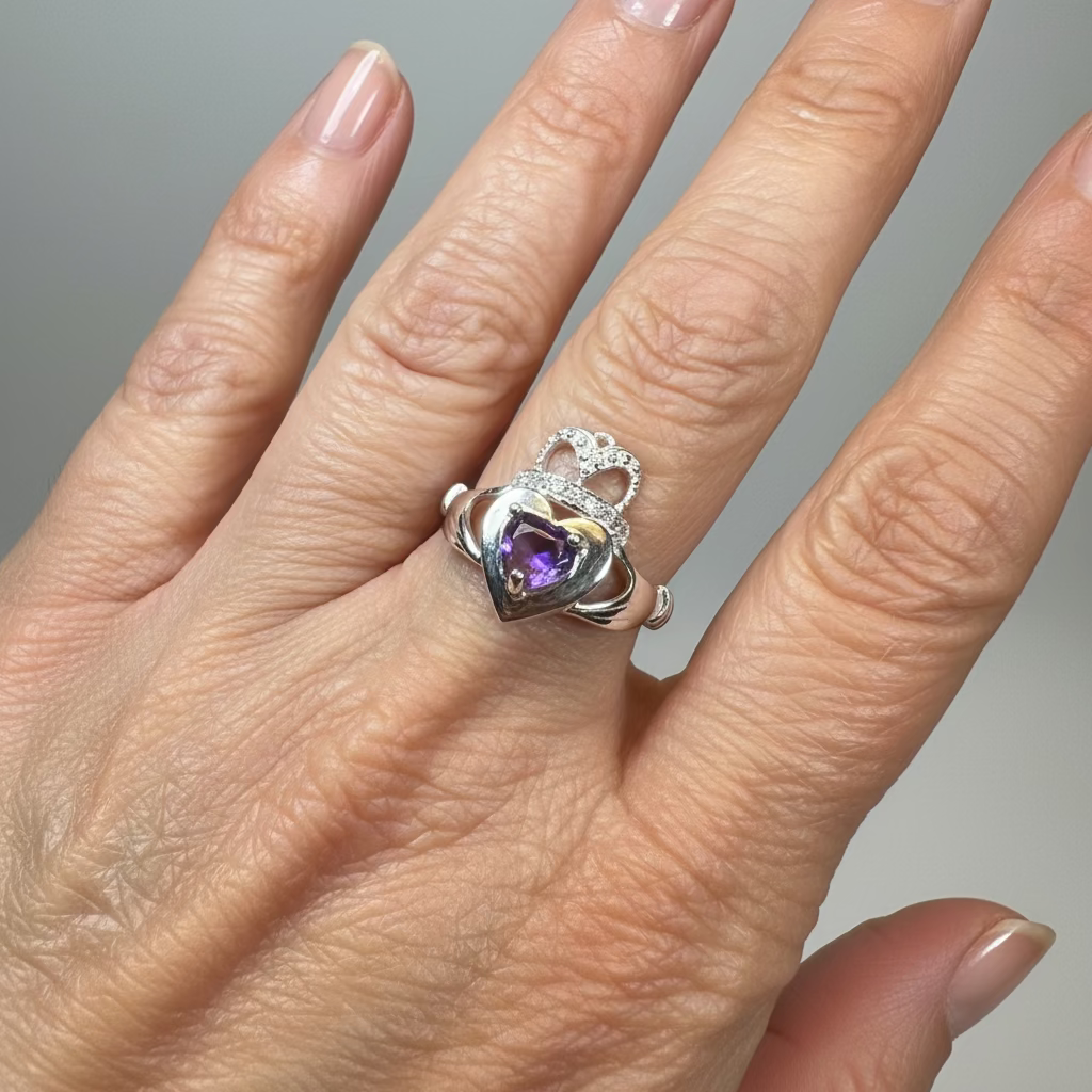 Noble Heart Amethyst Irish Claddagh Ring