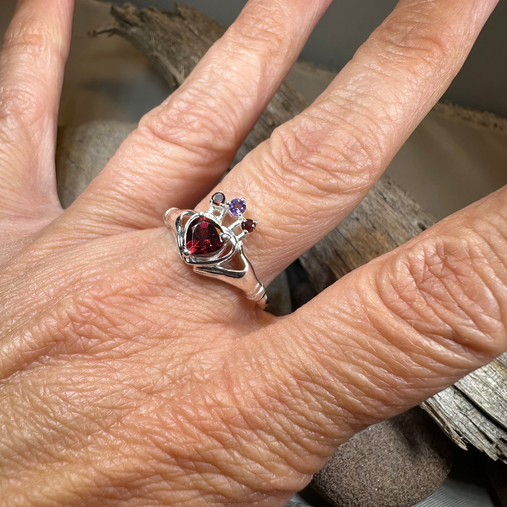 Royal Garnet Irish Claddagh Ring in Sterling Silver