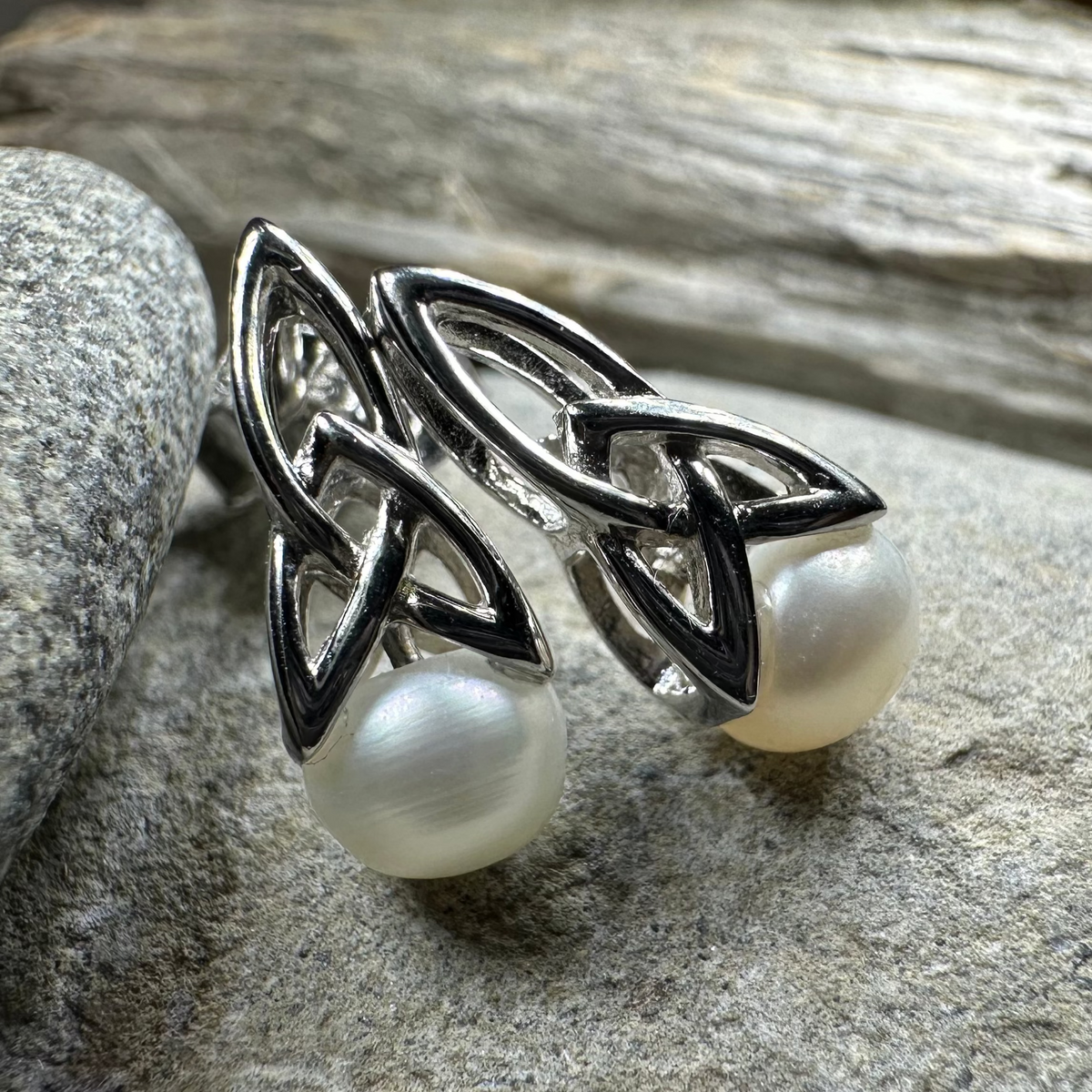 Trinity Knot Pearl Post Earring - Handmade in Ireland