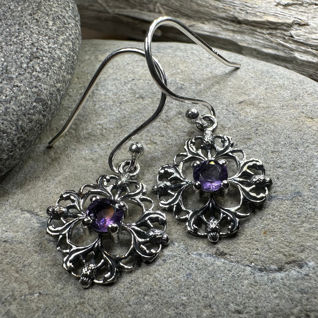 Nairn Scottish Thistle Earrings with Amethysts | Dangle Earrings | Wiccan Center