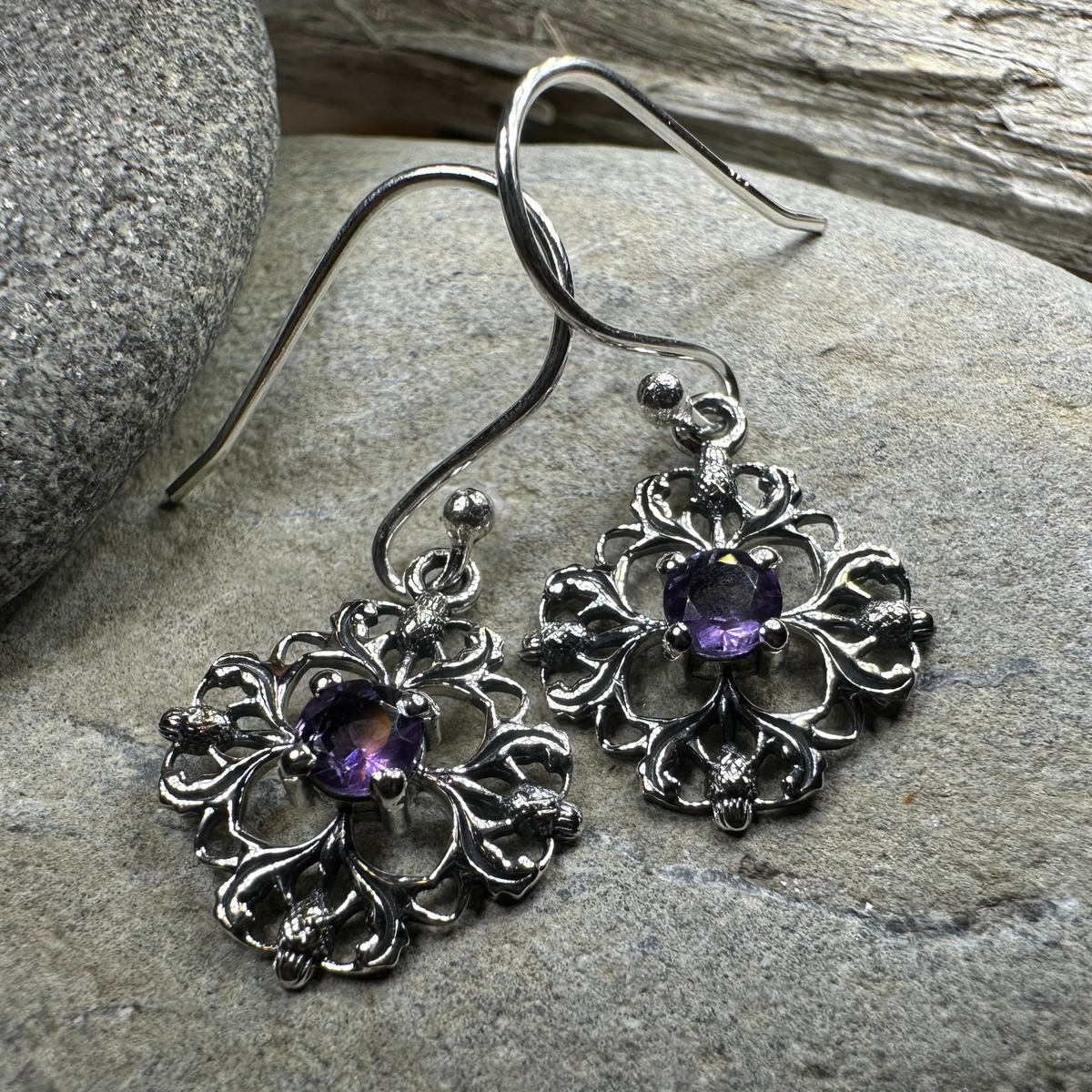 Nairn Scottish Thistle Earrings with Amethysts | Dangle Earrings | Wiccan Center