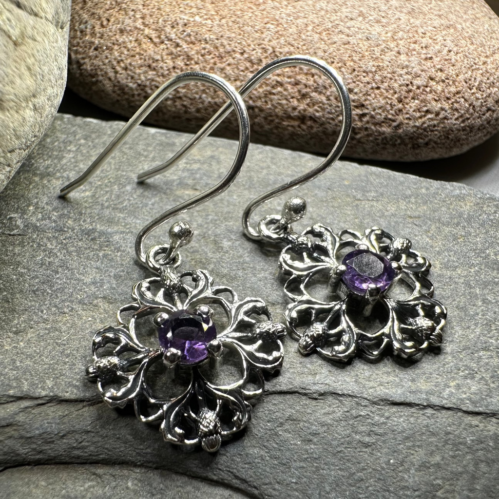 Nairn Scottish Thistle Earrings with Amethysts | Dangle Earrings | Wiccan Center