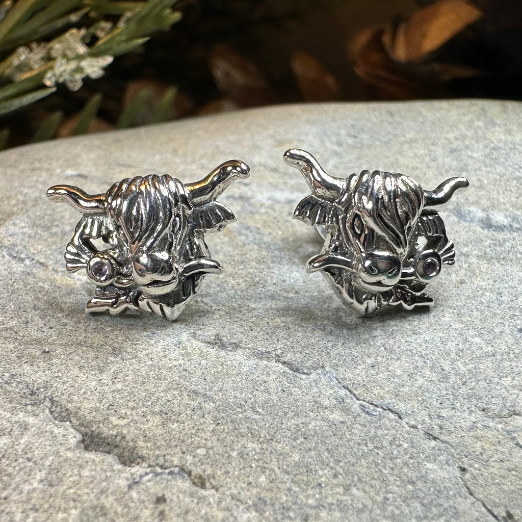 Thistle Highland Cow Earrings in Sterling Silver | Post Earrings | Wiccan Center