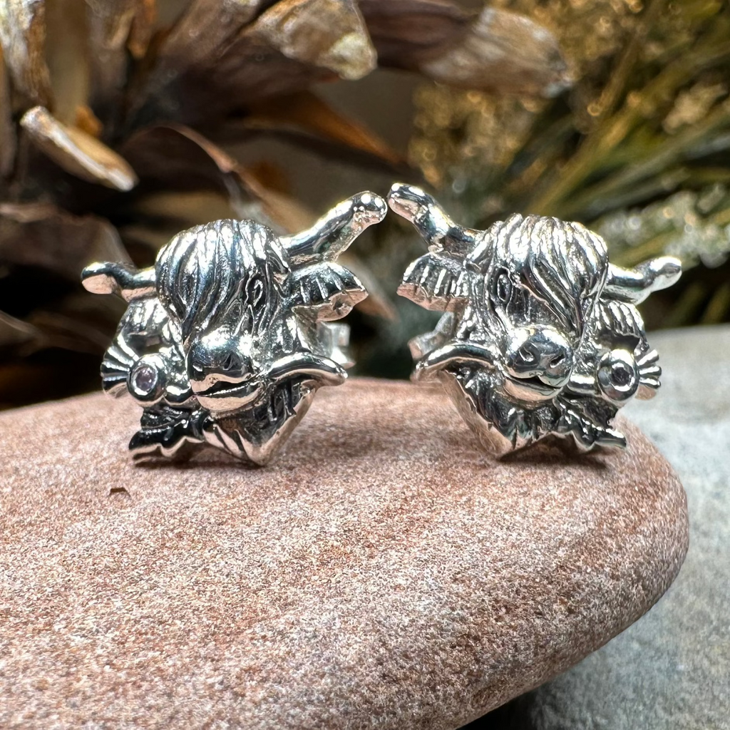Thistle Highland Cow Earrings in Sterling Silver | Post Earrings | Wiccan Center