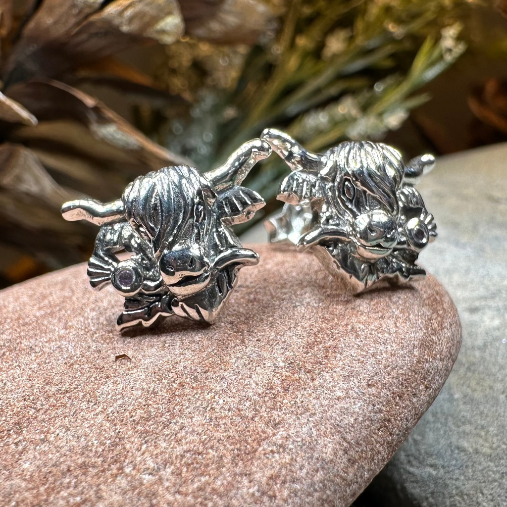 Thistle Highland Cow Earrings in Sterling Silver | Post Earrings | Wiccan Center