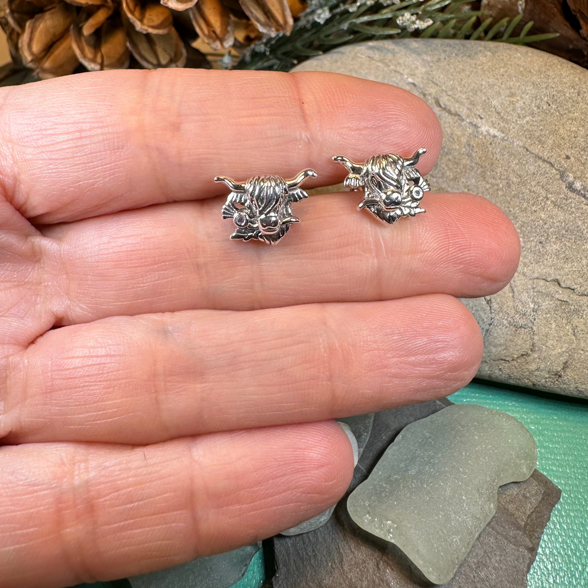 Thistle Highland Cow Earrings in Sterling Silver | Post Earrings | Wiccan Center