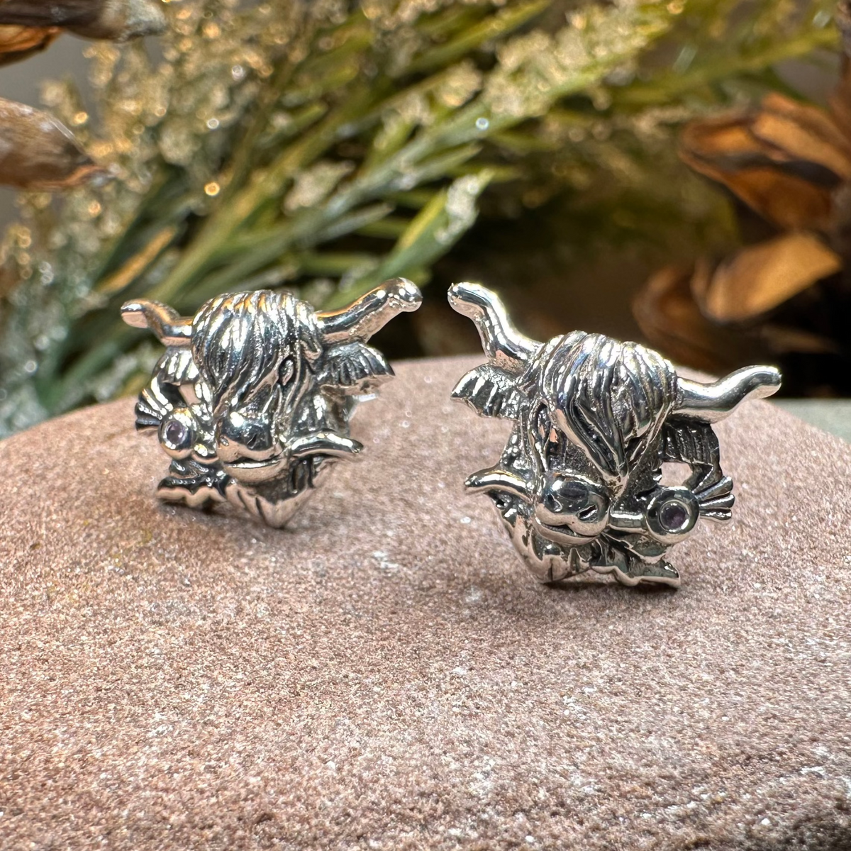 Thistle Highland Cow Earrings in Sterling Silver | Post Earrings | Wiccan Center