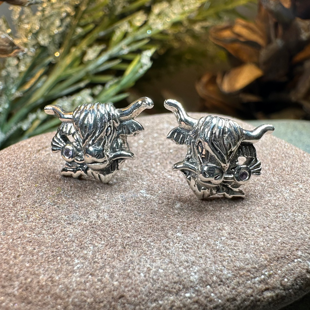 Thistle Highland Cow Earrings in Sterling Silver | Post Earrings | Wiccan Center