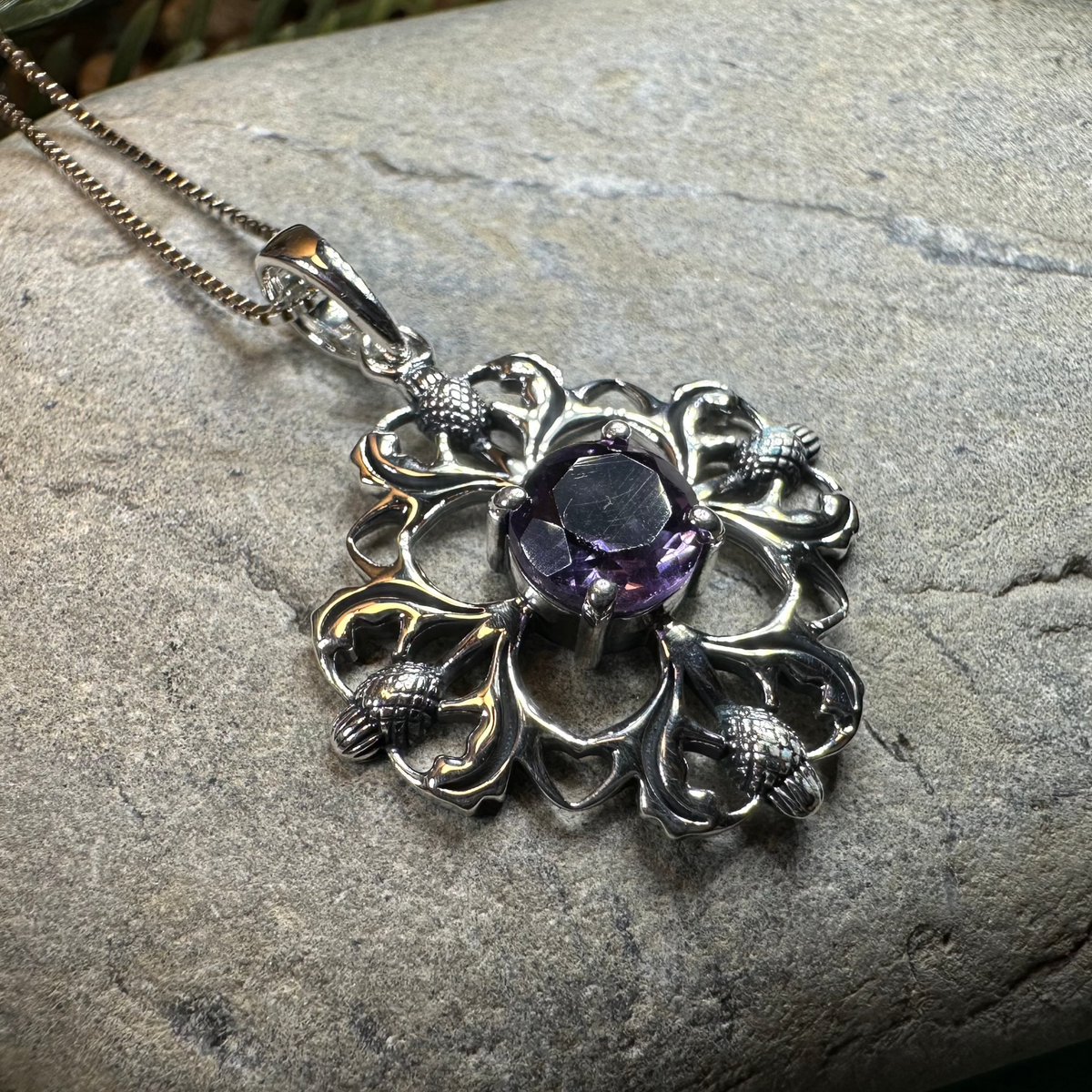 Dolina Amethyst Scottish Thistle Necklace in Sterling Silver | Pendant | Wiccan Center
